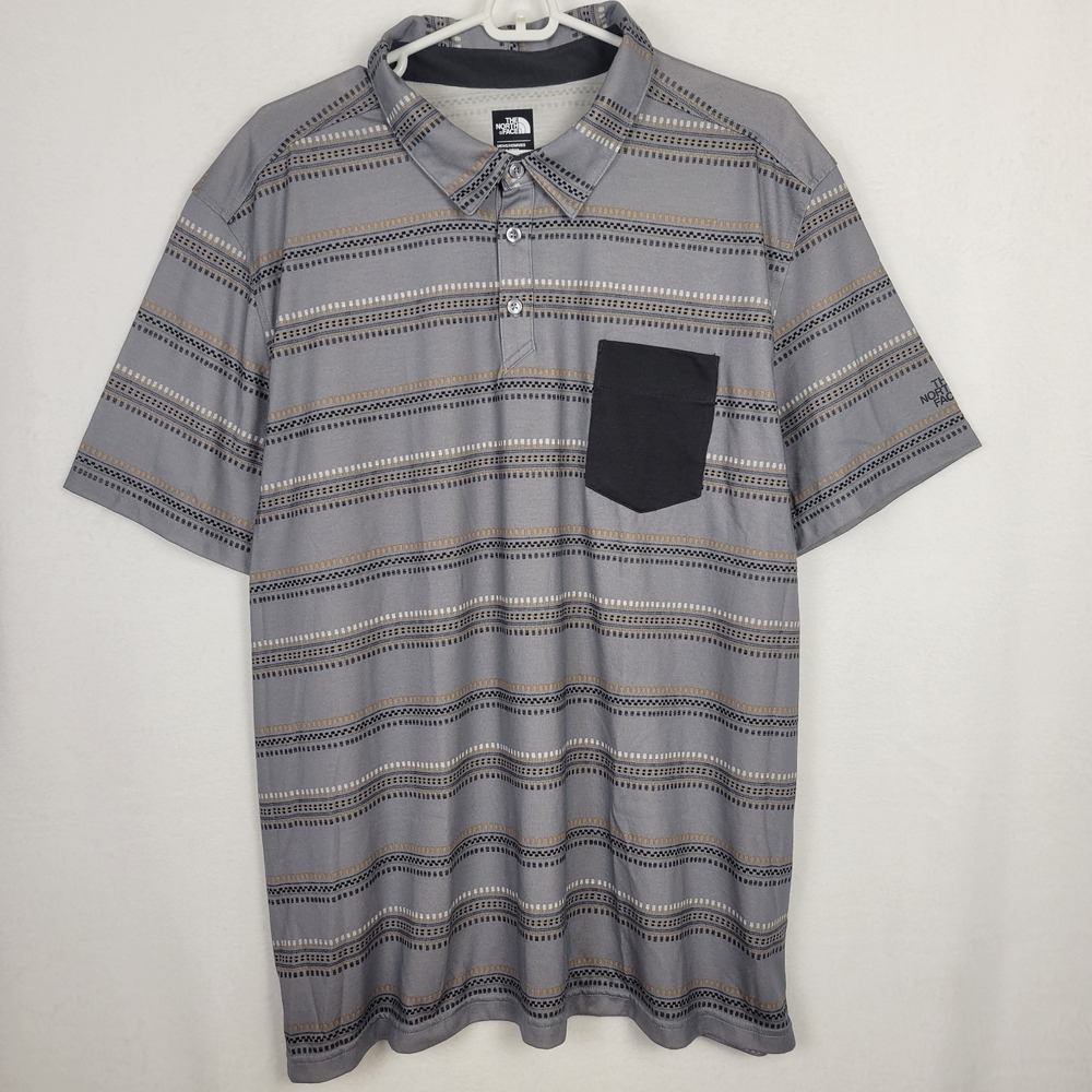 The North Face Men's FlashDry Short Sleeve Polo Shirt Gray Striped Pocket XXL